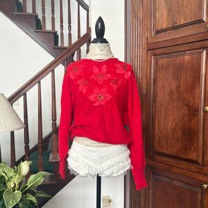 Vintage Red Poinsettia Holiday Retro 1980s Sweater Jumper Diana Marco